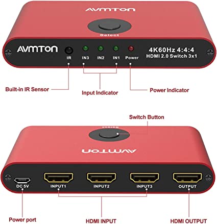 HDMI Switch 4K HDMI Splitter,AVMTON HDMI 2.0 HDMI Switch 3 in 1 Out,Metal HDMI Switcher Box