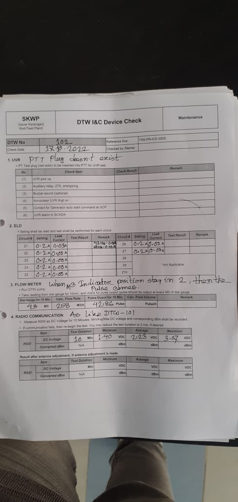 DTW- 101,102,103,104,106,107,109,110  I & C Device checking work complete.